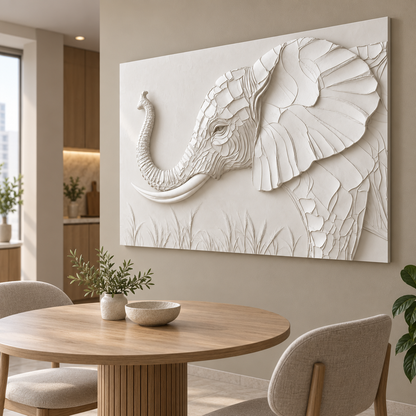 CWP-641 Raised Trunk Elephant Profile Corian Wall Panel, 4 ft wide x 2.5 ft high, right view in a Mumbai dining nook; AI-assisted concept visualisation