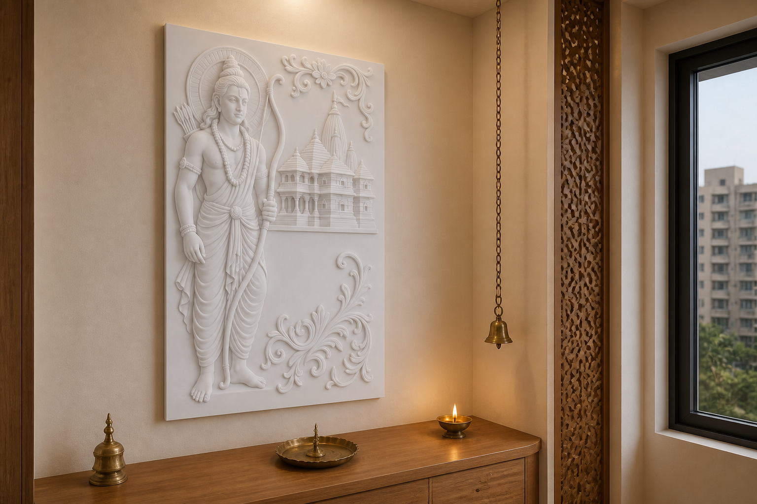 Ram Temple Relief white Corian wall panel, left angle view in a Mumbai home interior visualisation