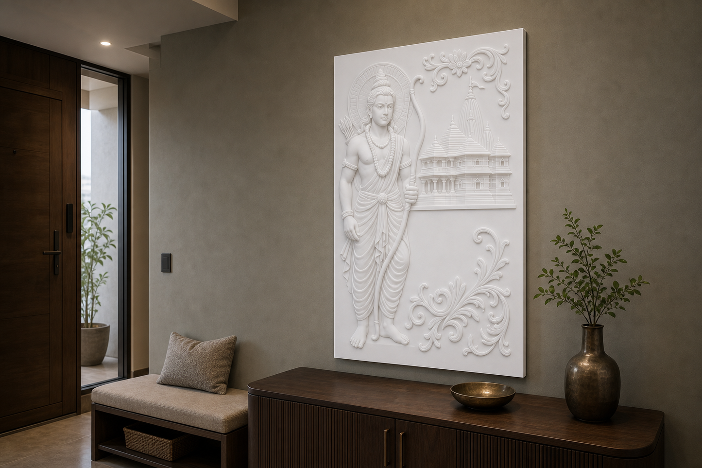 Ram Temple Relief white Corian wall panel, right angle view in a Mumbai home interior visualisation
