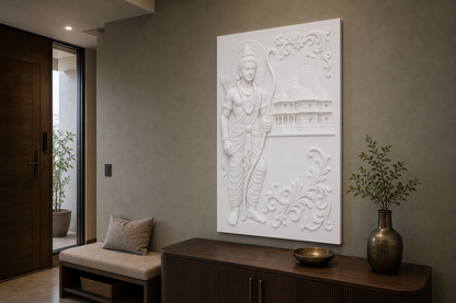 Ram Temple Relief white Corian wall panel, right angle view in a Mumbai home interior visualisation