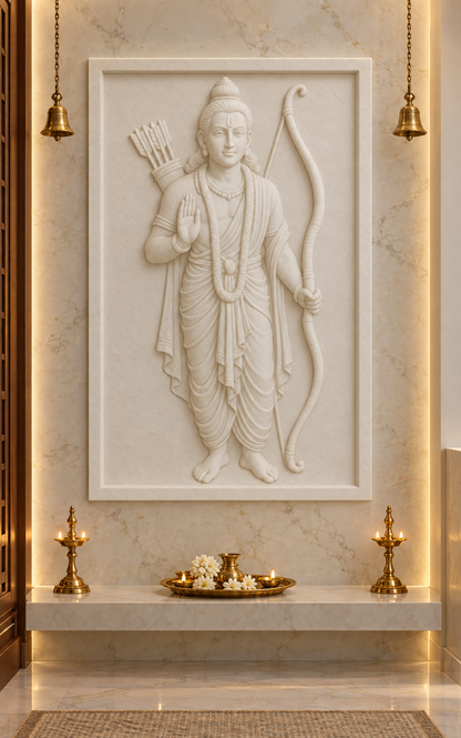 Rama Bow Blessing Corian wall panel, 2.5 x 4 ft, front view in a Quiet marble pooja alcove