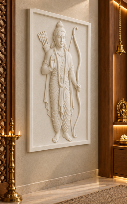 Rama Bow Blessing Corian wall panel, 2.5 x 4 ft, left view in a Warm teak prayer room