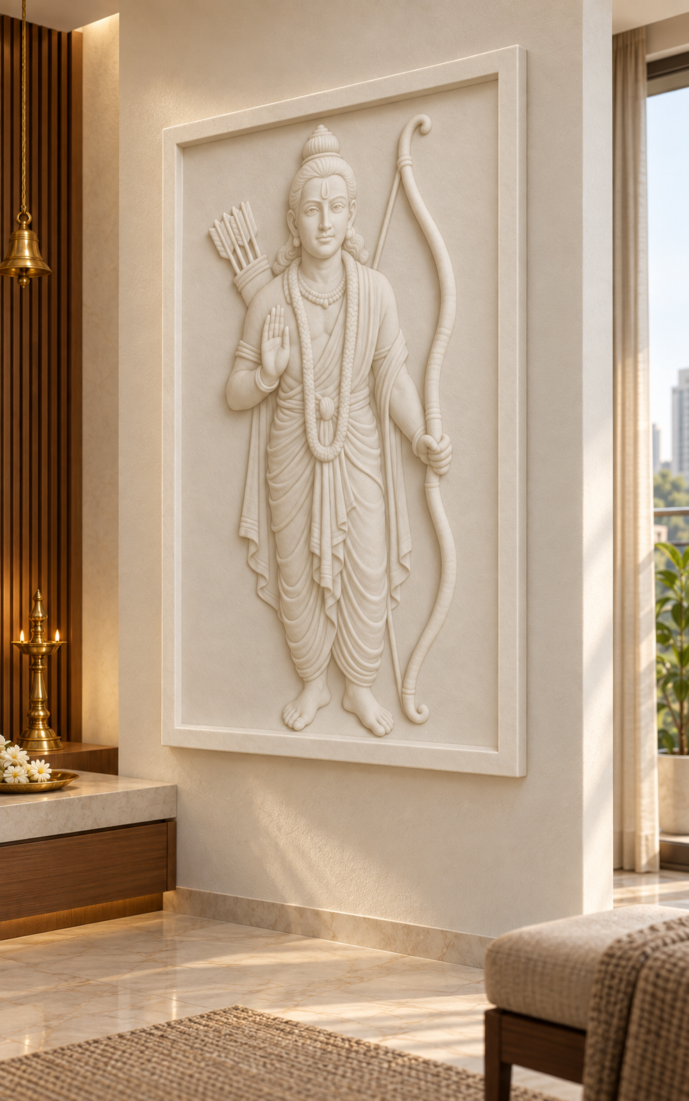 Rama Bow Blessing Corian wall panel, 2.5 x 4 ft, right view in a Calm ivory meditation room