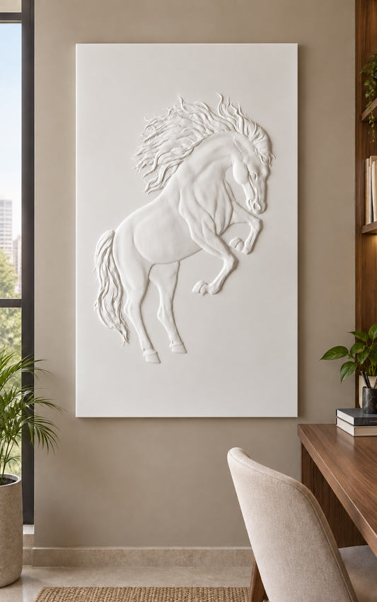 CWP-642 Rearing Horse Motion Corian Wall Panel, 2.5 ft wide x 4 ft high, front view in a Mumbai study; AI-assisted concept visualisation