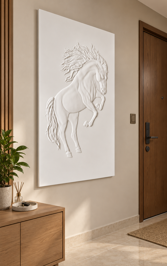 CWP-642 Rearing Horse Motion Corian Wall Panel, 2.5 ft wide x 4 ft high, left view in a Mumbai entrance; AI-assisted concept visualisation