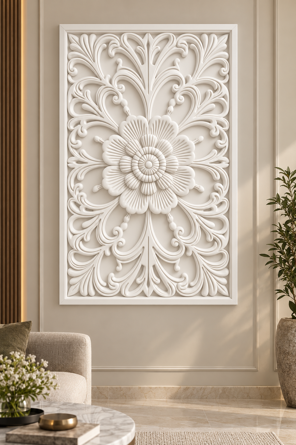Ribbed Blossom Scroll Corian wall panel, front view on a formal sitting room wall in a Mumbai home; AI-assisted concept visualisation