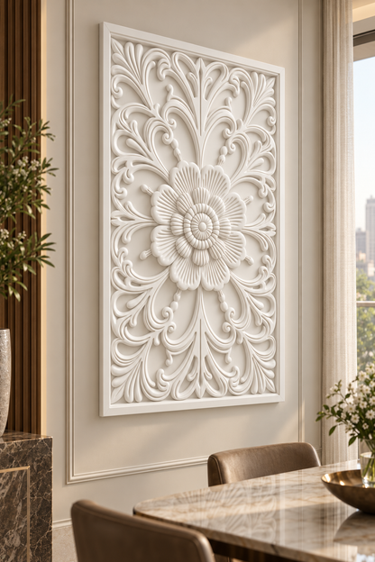 Ribbed Blossom Scroll Corian wall panel, left view on a dining room alcove in a Mumbai home; AI-assisted concept visualisation