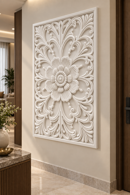 Ribbed Blossom Scroll Corian wall panel, right view on an entrance foyer wall in a Mumbai home; AI-assisted concept visualisation