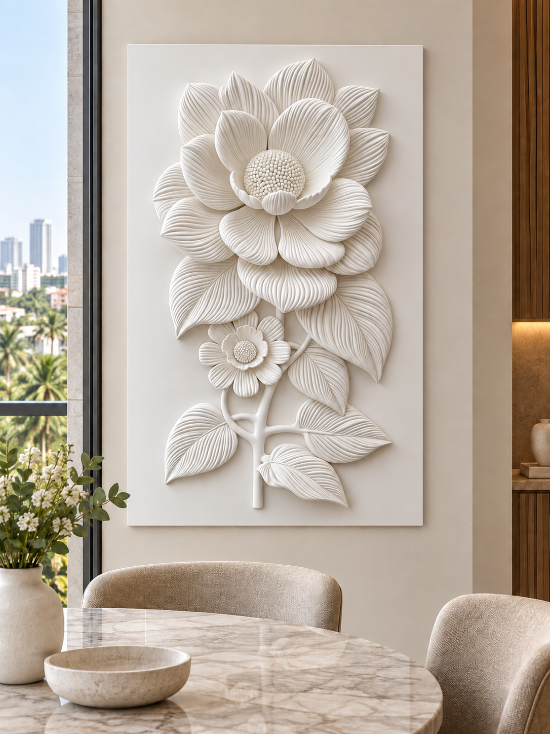Ribbed Blossom Stem Corian wall panel, front view in a Bandra apartment dining nook