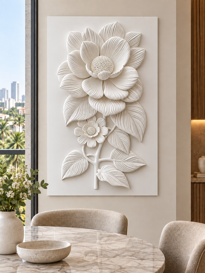 Ribbed Blossom Stem Corian wall panel, front view in a Bandra apartment dining nook