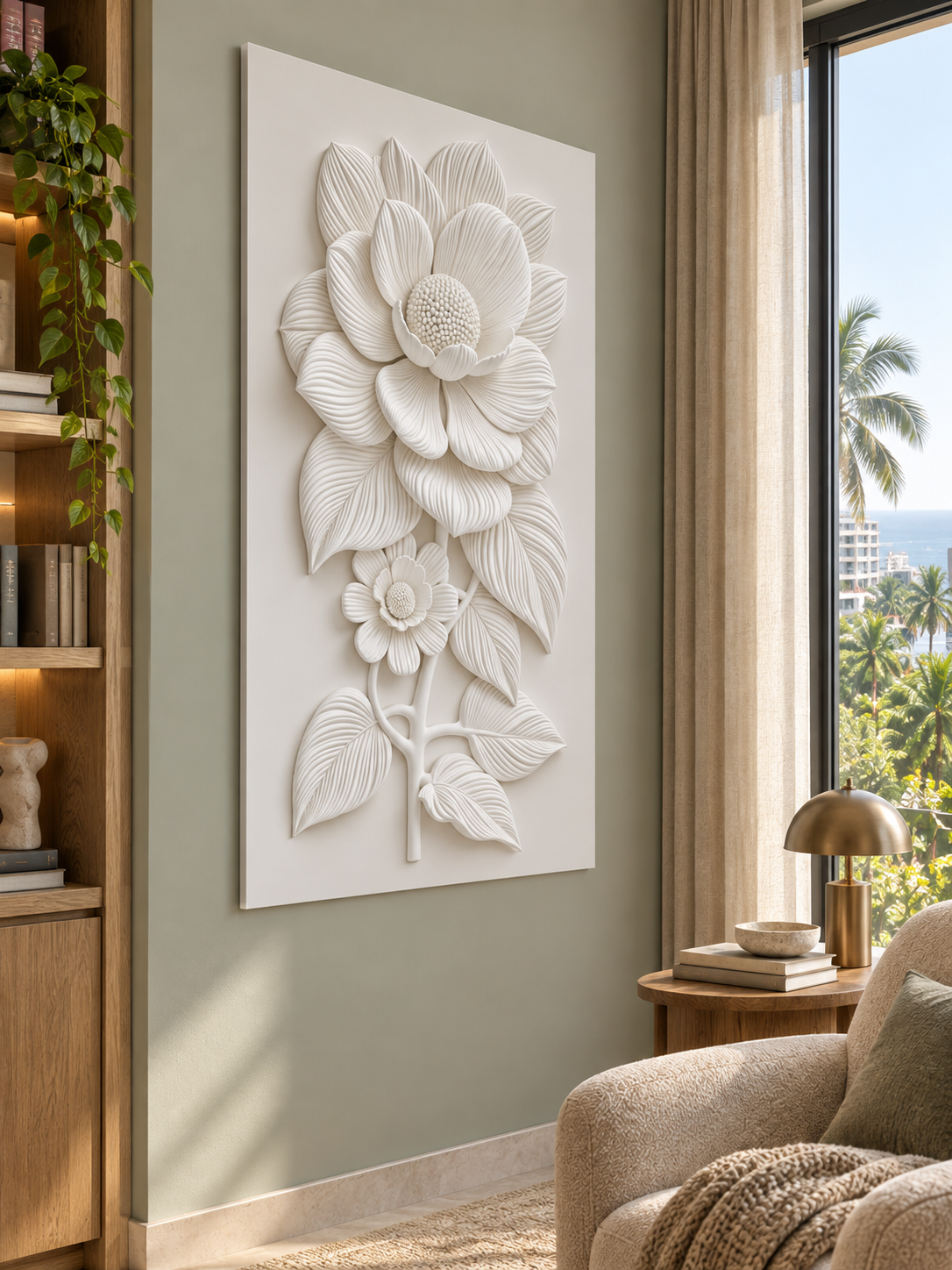 Ribbed Blossom Stem Corian wall panel, left view in a Juhu apartment reading corner