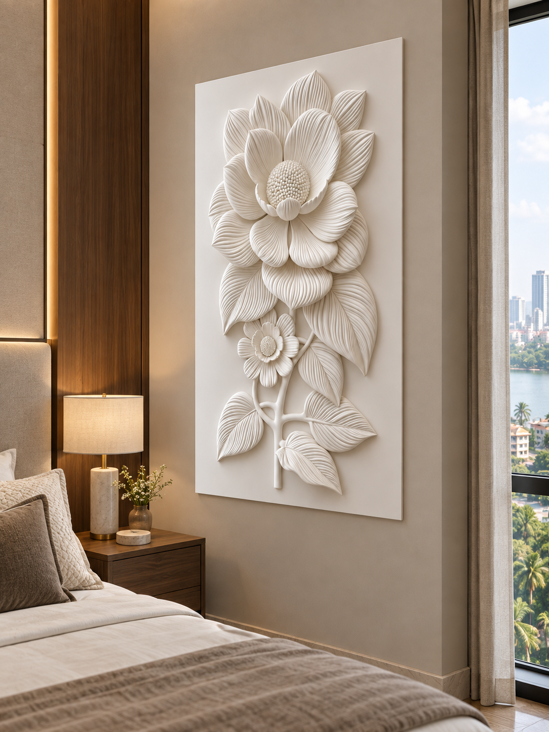Ribbed Blossom Stem Corian wall panel, right view in a Powai apartment bedroom