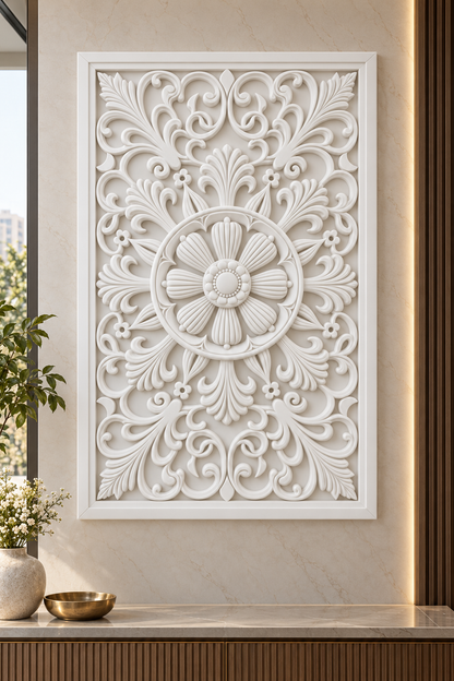 Ribbed Daisy Floral Orbit Corian wall panel, front view on an entrance console wall in a Mumbai home; AI-assisted concept visualisation