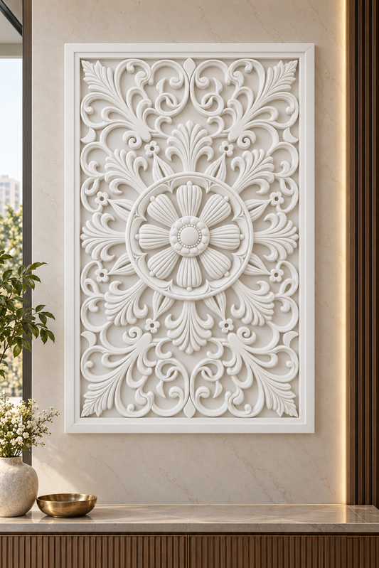 Ribbed Daisy Floral Orbit Corian wall panel, front view on an entrance console wall in a Mumbai home; AI-assisted concept visualisation