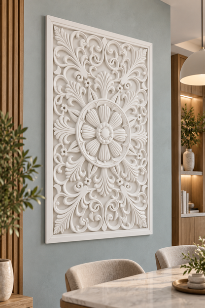 Ribbed Daisy Floral Orbit Corian wall panel, left view on a dining room display wall in a Mumbai home; AI-assisted concept visualisation