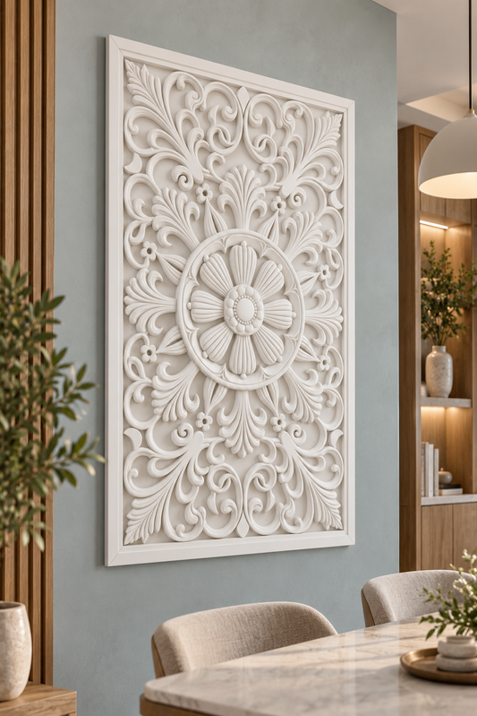 Ribbed Daisy Floral Orbit Corian wall panel, left view on a dining room display wall in a Mumbai home; AI-assisted concept visualisation