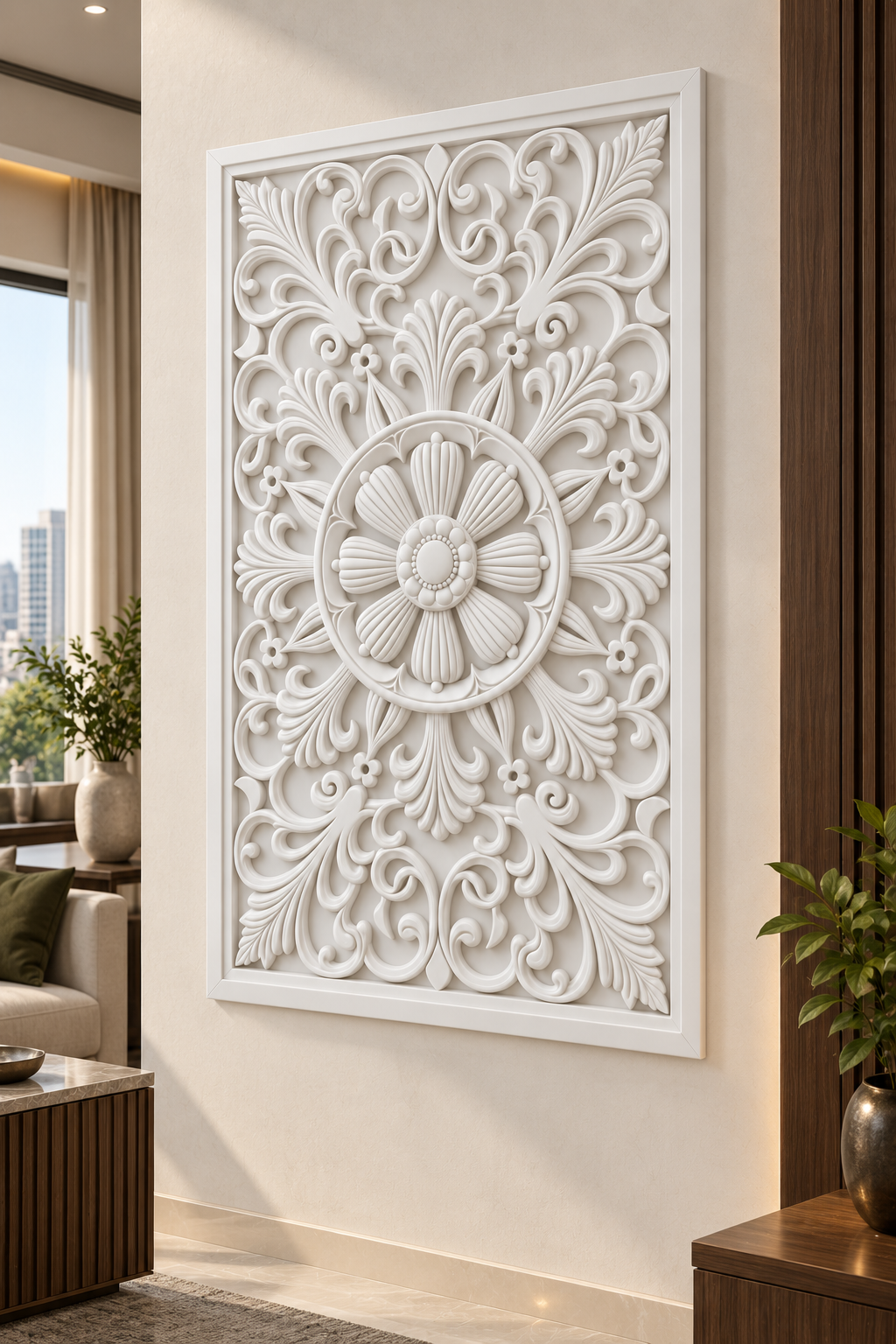 Ribbed Daisy Floral Orbit Corian wall panel, right view on a living room accent wall in a Mumbai home; AI-assisted concept visualisation