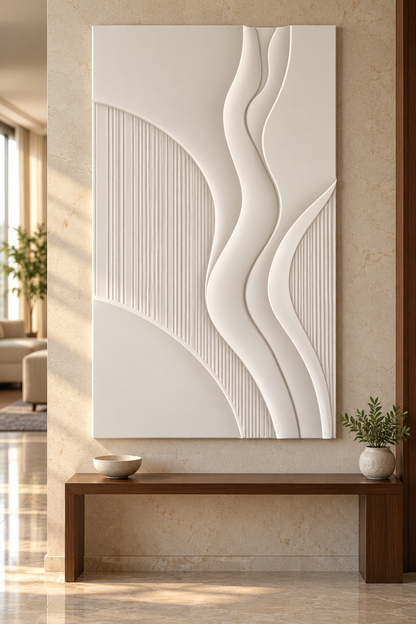 Front view of Ribbon Arc Fluted Corian Wall Panel. Stone foyer wall above timber console. AI-assisted white Corian concept.