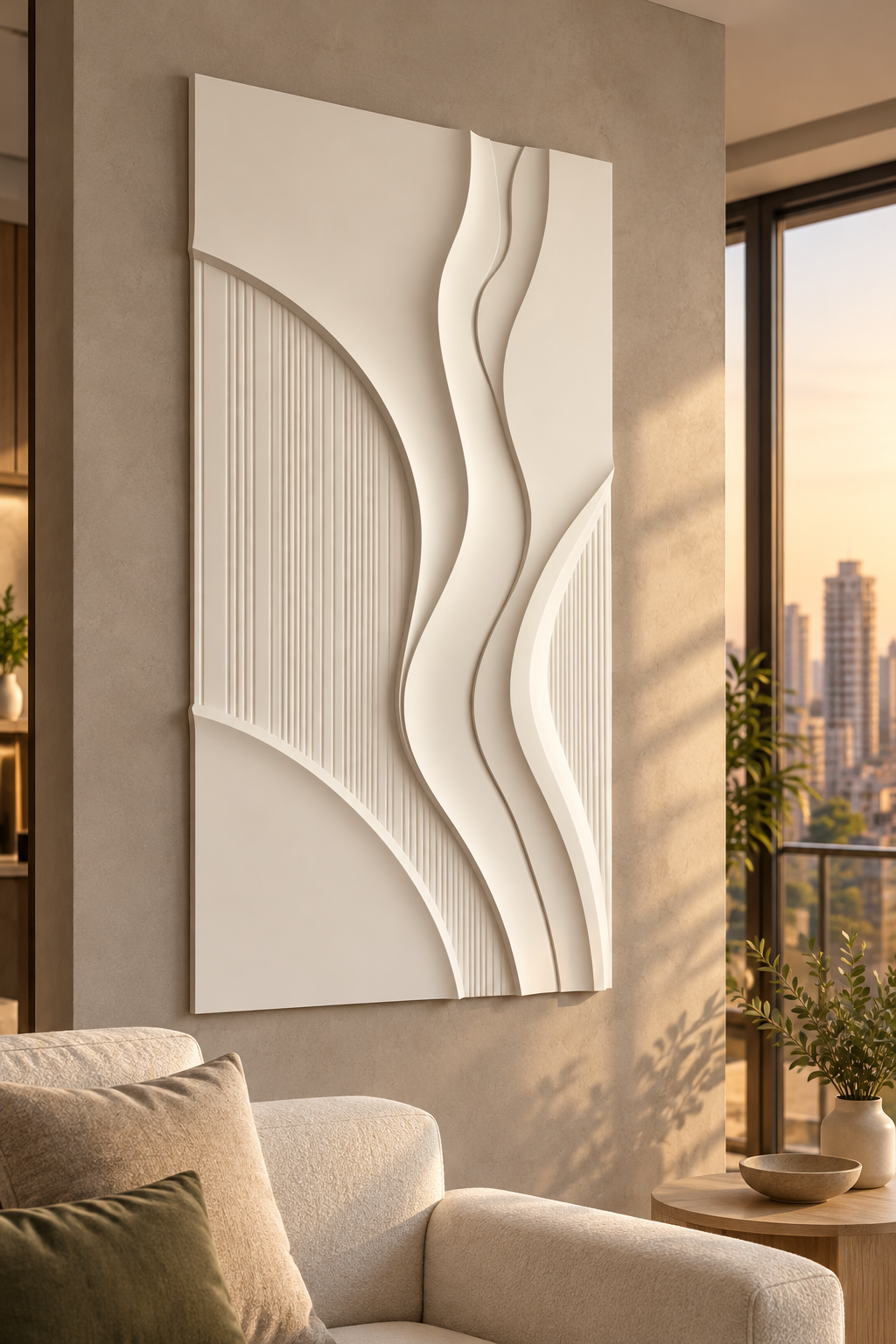 Left-angle view of Ribbon Arc Fluted Corian Wall Panel. High-rise lounge wall beside seating and window. AI-assisted white Corian concept.