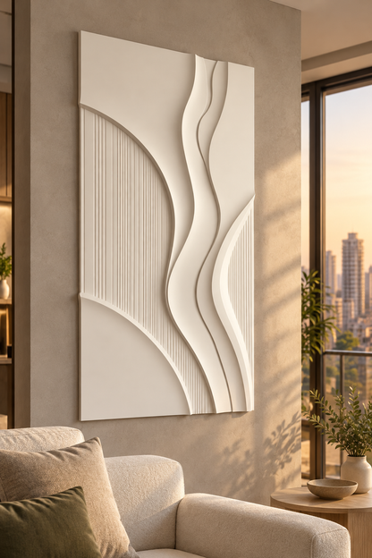 Left-angle view of Ribbon Arc Fluted Corian Wall Panel. High-rise lounge wall beside seating and window. AI-assisted white Corian concept.