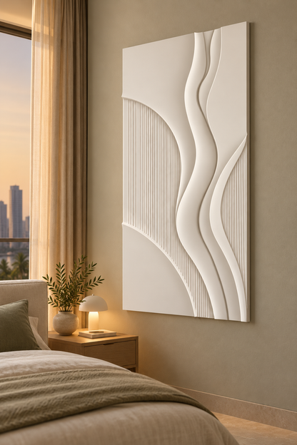 Right-angle view of Ribbon Arc Fluted Corian Wall Panel. Bedroom accent beside bedside table. AI-assisted white Corian concept.