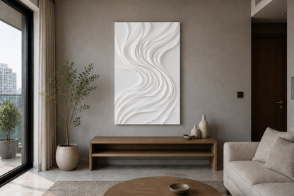 Ribbon Cascade white Corian wall panel, front view in a Mumbai home interior visualisation