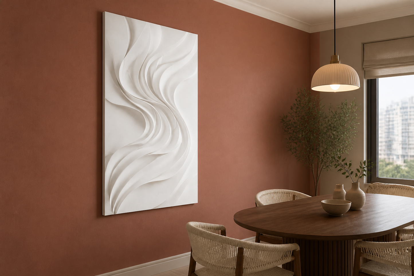 Ribbon Cascade white Corian wall panel, left angle view in a Mumbai home interior visualisation