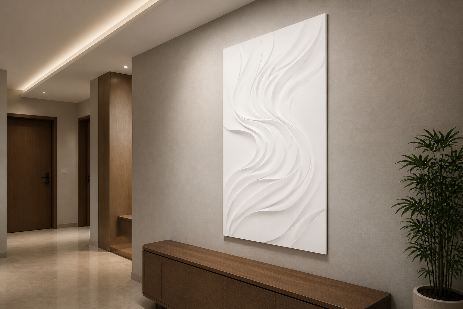 Ribbon Cascade white Corian wall panel, right angle view in a Mumbai home interior visualisation