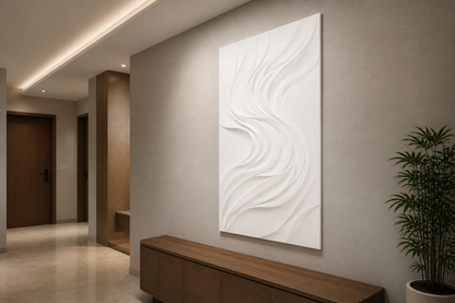 Ribbon Cascade white Corian wall panel, right angle view in a Mumbai home interior visualisation