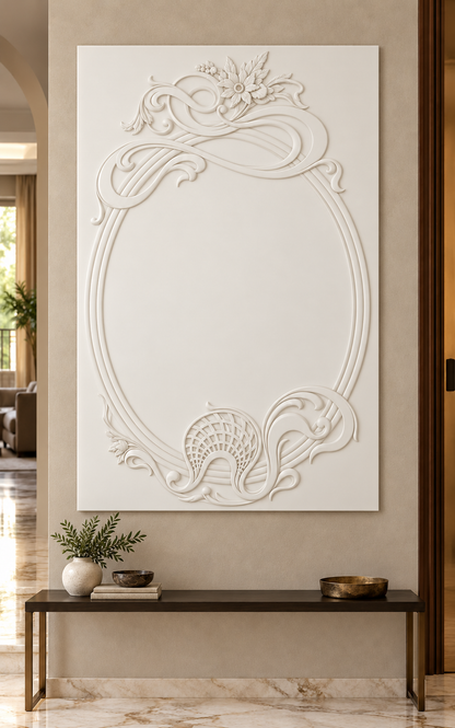 Front view of the white Ribbon Crest Lattice Oval Corian Wall Panel with a solid inset centre in a Mumbai foyer
