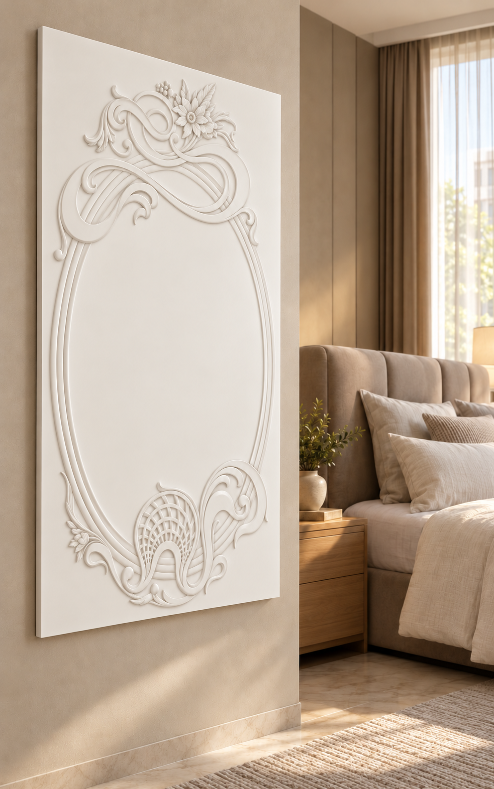 Left-angle view of the white Ribbon Crest Lattice Oval Corian Wall Panel with a solid inset centre in a Mumbai bedroom