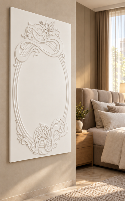Left-angle view of the white Ribbon Crest Lattice Oval Corian Wall Panel with a solid inset centre in a Mumbai bedroom