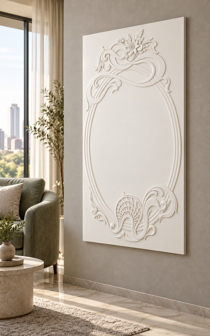 Right-angle view of the white Ribbon Crest Lattice Oval Corian Wall Panel with a solid inset centre in a Mumbai sitting room