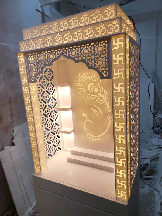 Corian mandir for home (customised pillars with swatik design and ganesha + peacock backdrop) - Home temple