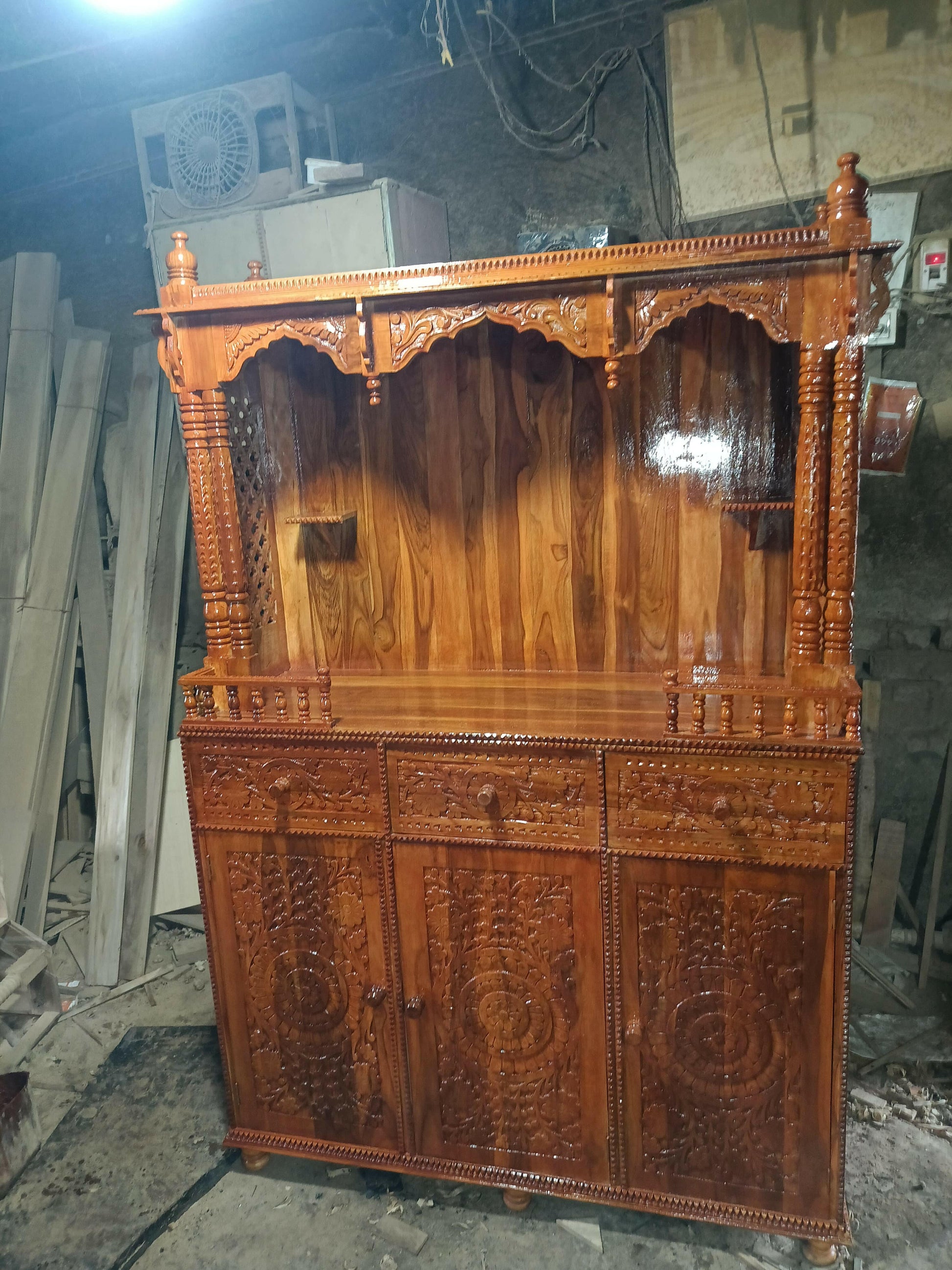 Sagwan mandir for home pure teakwood natural polish with storage corian mandir mumbai