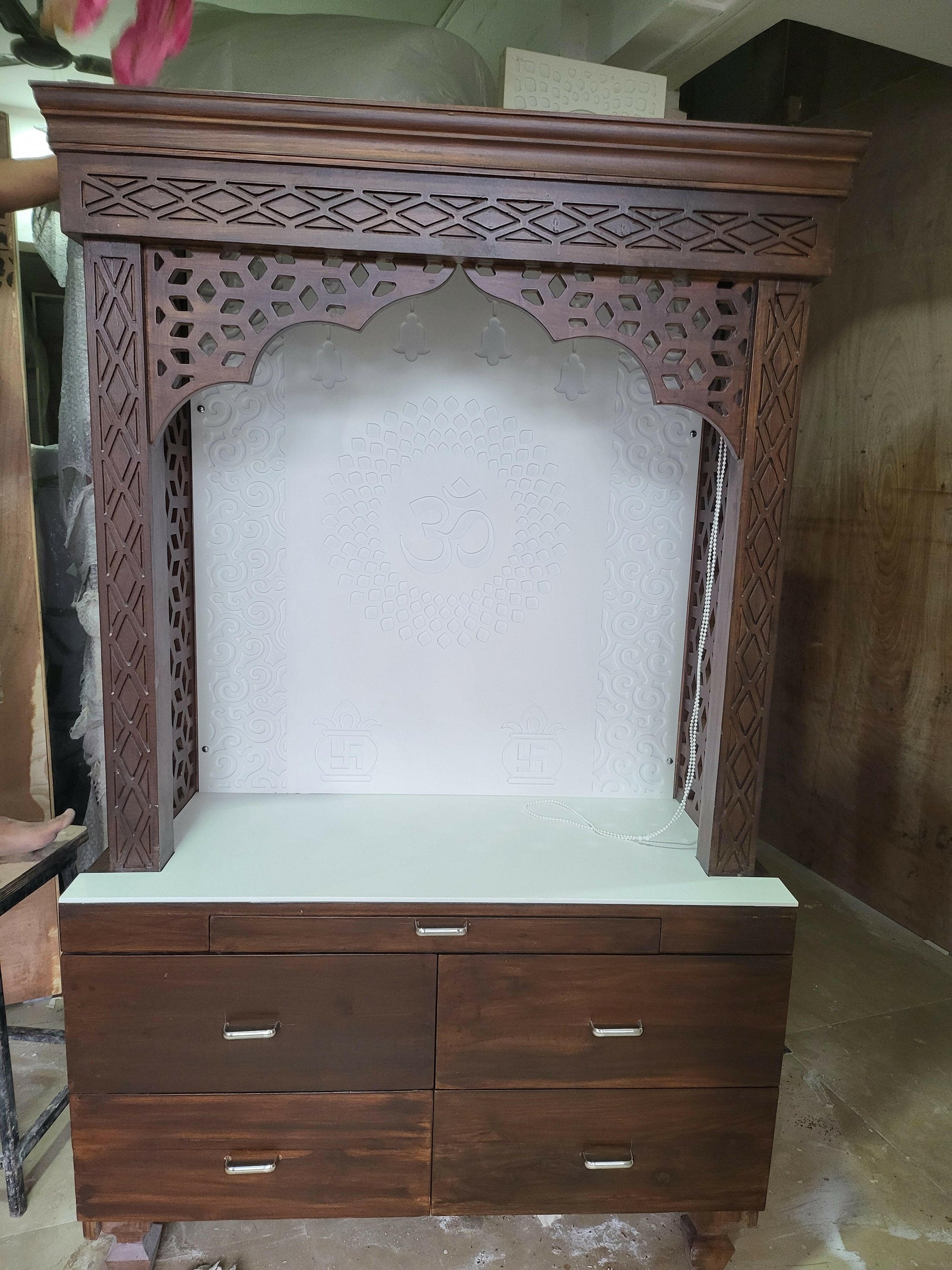 Teakwood Mandir with corian backdrop for home corian mandir mumbai