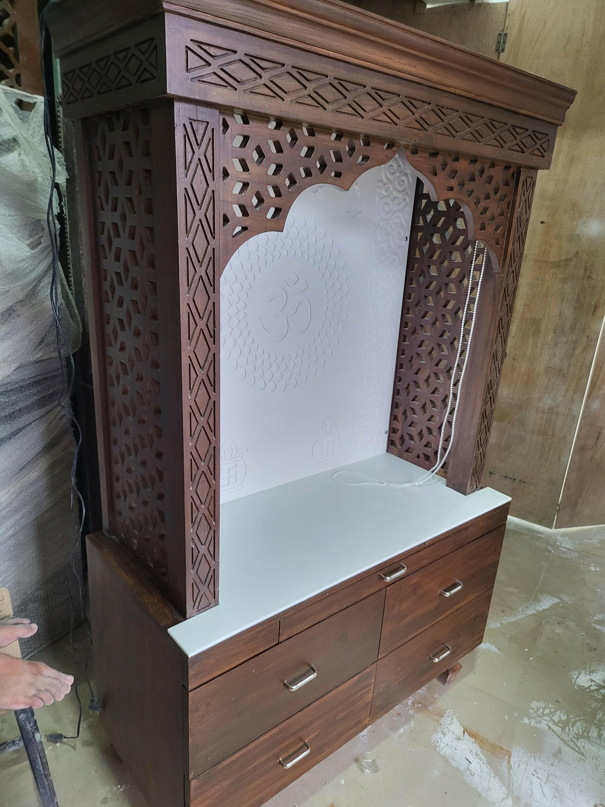 Teakwood Mandir with corian backdrop for home corian mandir mumbai