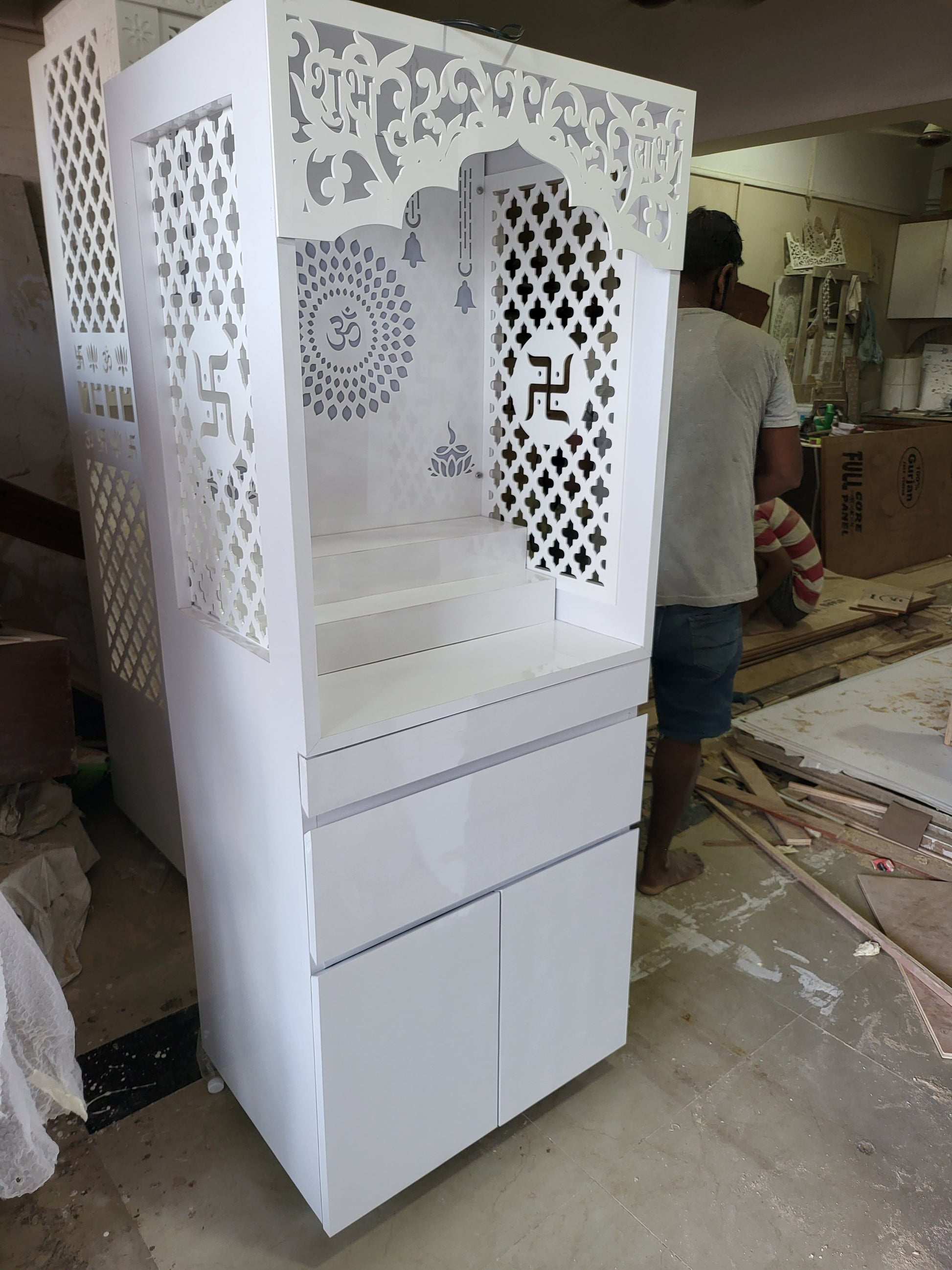 Acrylic Mandir for Home ( white elegant handleless design) corian mandir mumbai