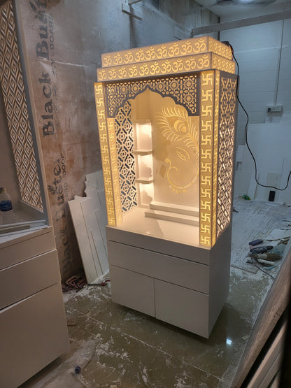 Corian mandir for home (customised pillars with swatik design and ganesha + peacock backdrop) corian mandir mumbai