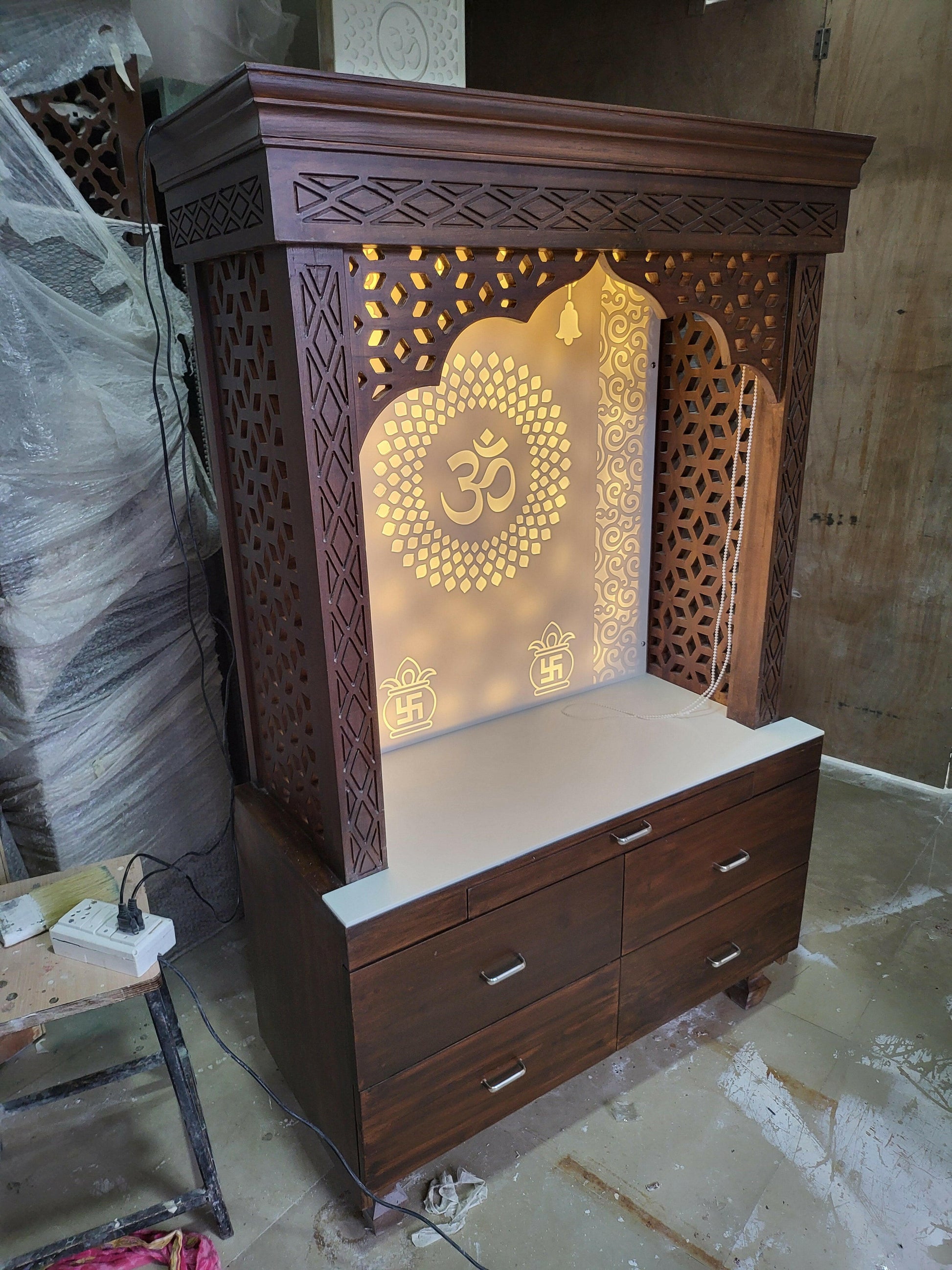 Teakwood Mandir with corian backdrop for home corian mandir mumbai