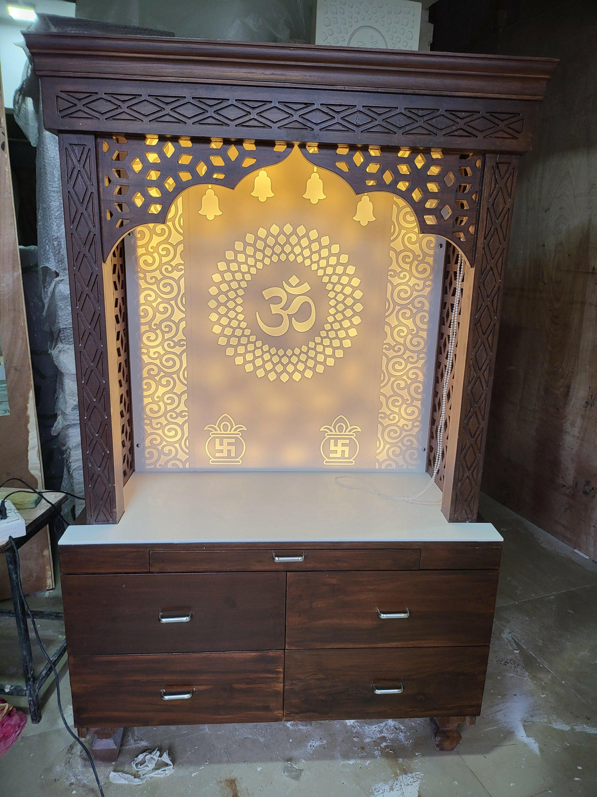 Teakwood Mandir with corian backdrop for home corian mandir mumbai