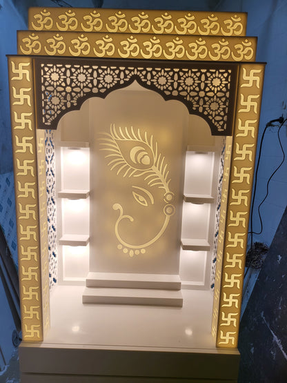 Corian mandir for home (customised pillars with swatik design and ganesha + peacock backdrop) corian mandir mumbai