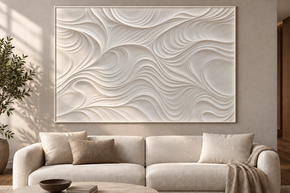 Rolling Contour Basin Corian wall panel, 4 x 2.5 ft, front view in contemporary living room, 12–24 mm total depth