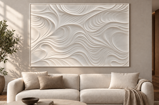 Rolling Contour Basin Corian wall panel, 4 x 2.5 ft, front view in contemporary living room, 12–24 mm total depth