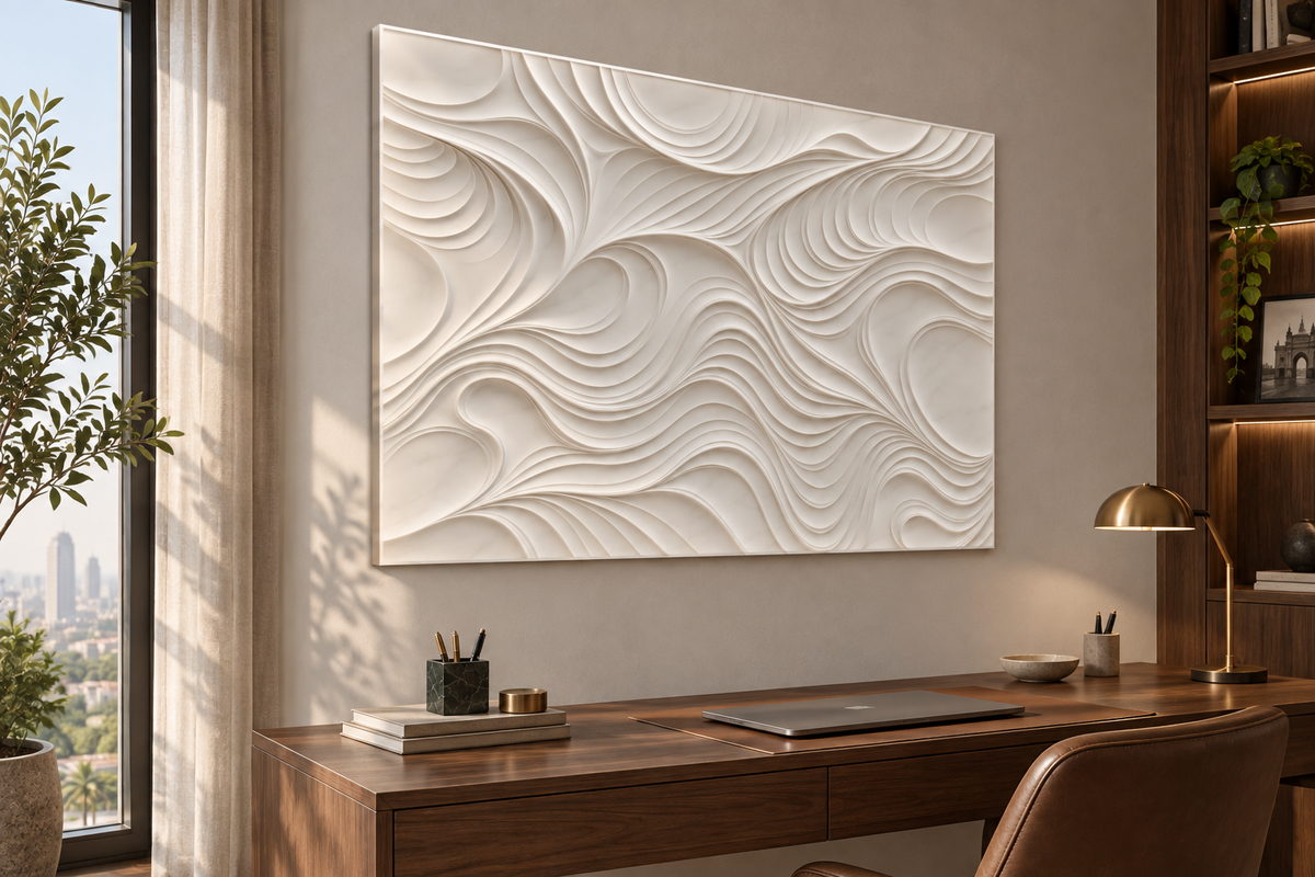 Rolling Contour Basin Corian wall panel, 4 x 2.5 ft, left view in home study, 12–24 mm total depth