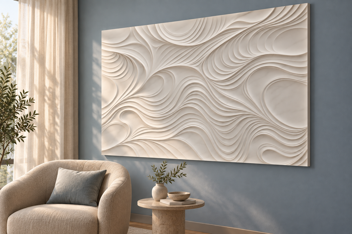 Rolling Contour Basin Corian wall panel, 4 x 2.5 ft, right view in bedroom seating nook, 12–24 mm total depth