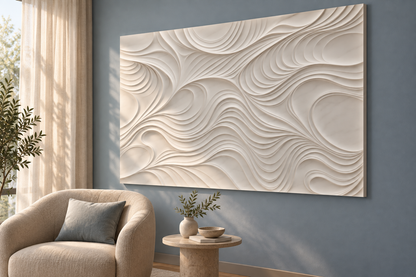 Rolling Contour Basin Corian wall panel, 4 x 2.5 ft, right view in bedroom seating nook, 12–24 mm total depth