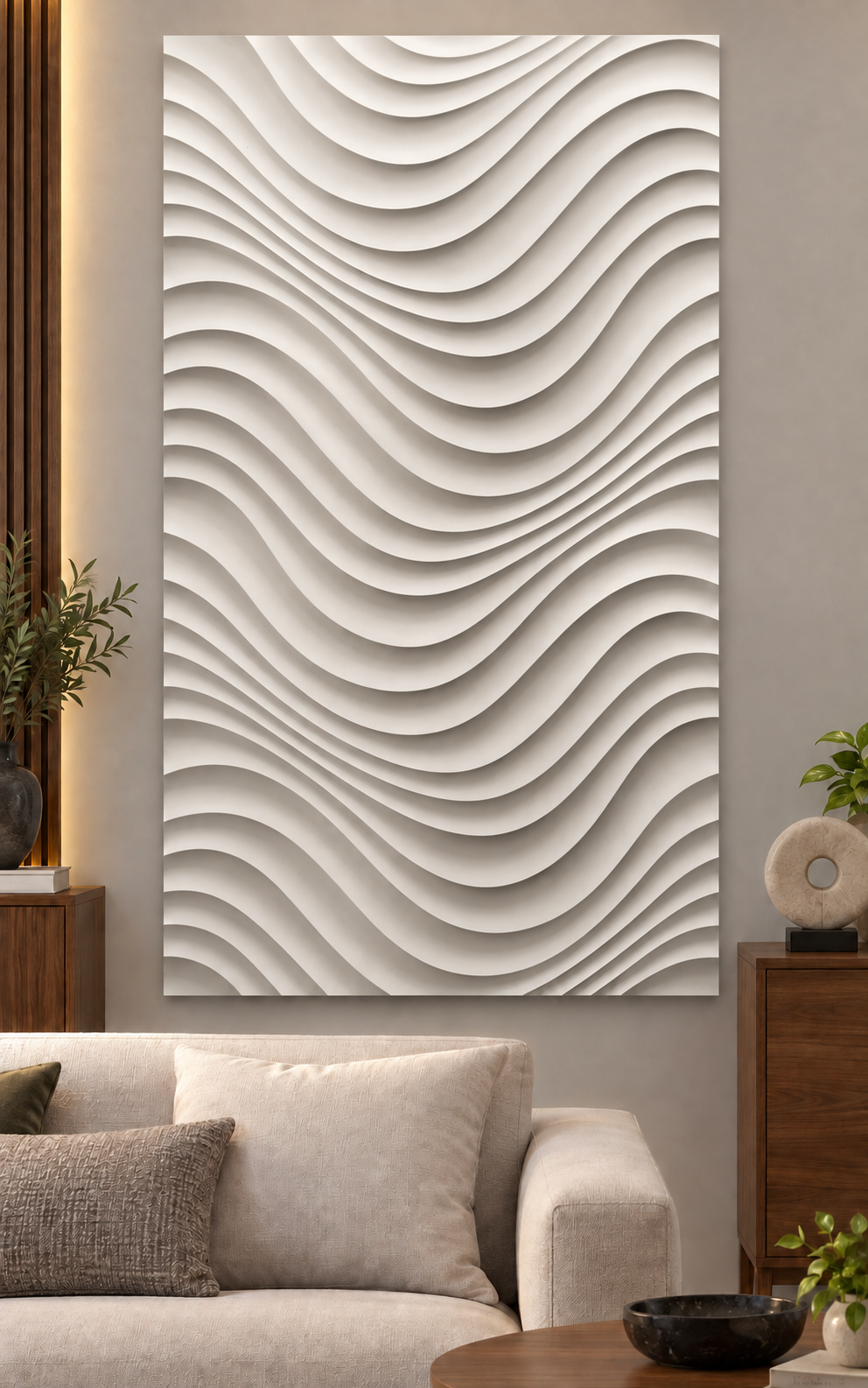 Rolling Scallop Waves Corian wall panel, front view in a Mumbai family living room; AI-assisted concept visualisation