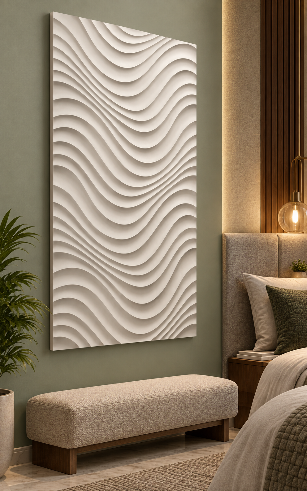 Rolling Scallop Waves Corian wall panel, left view in a Mumbai bedroom feature wall; AI-assisted concept visualisation