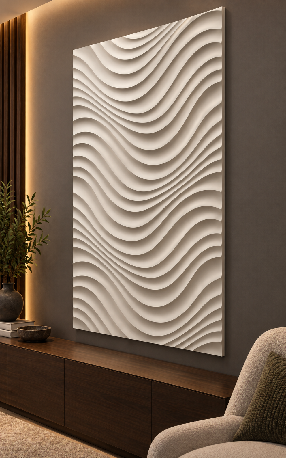 Rolling Scallop Waves Corian wall panel, right view in a Mumbai media room side wall; AI-assisted concept visualisation